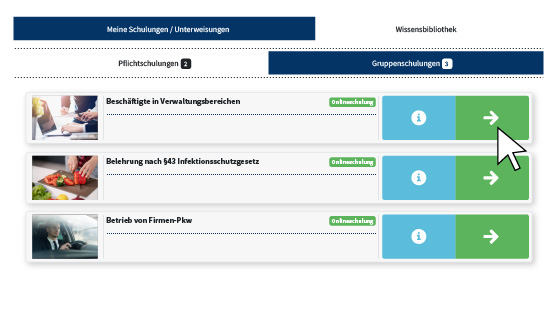 Zeigt, wie man im Online-Schulungssystem eine Gruppenschulung starten kann.