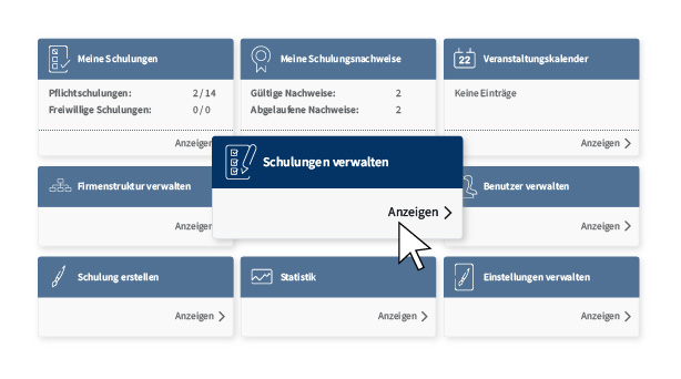 Zeigt das Hauptmenü des Online-Schulungssystems.