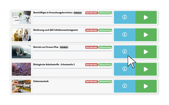 Zeigt eine Tabelle von verfügbaren Schulungsinhalten.