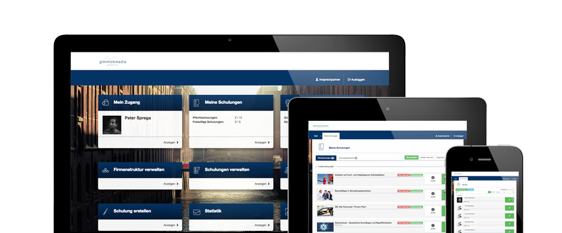 Zeigt drei verschiedene Tablets und Handys auf denen das Online-Schulungssystem läuft.