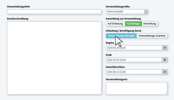 Zeigt, wie man eine Veranstaltung im Online-Schulungssystem anlegt.